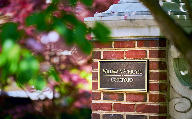 Sign commemorating the Schreyer Honors College William A. Schreyer Courtyard at Atherton Hall